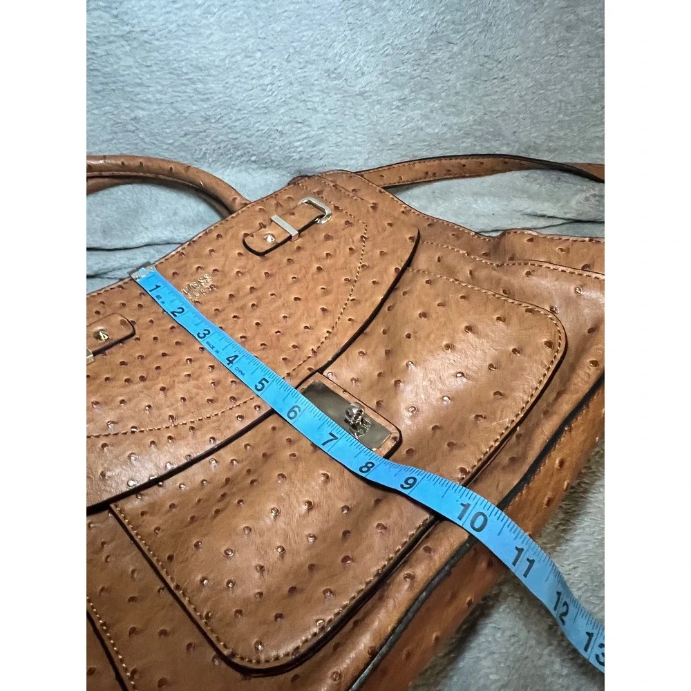 Guess 1981 faux Ostrich Embossed Satchel Crossbody Purse Brown Handle Handbag